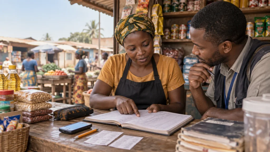 A market-shop owner in an apron points to handwritten entries in a large ledger while a man with a lanyard and pen looks on; packaged goods, receipts, a phone, and cooking oil sit on the counter.