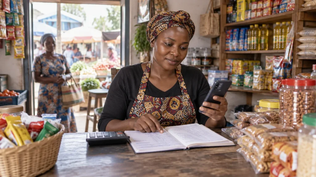 Woman shopkeeper in a patterned apron checks a smartphone while pointing to handwritten records beside a calculator in a small grocery shop; another woman stands near the entrance behind her.