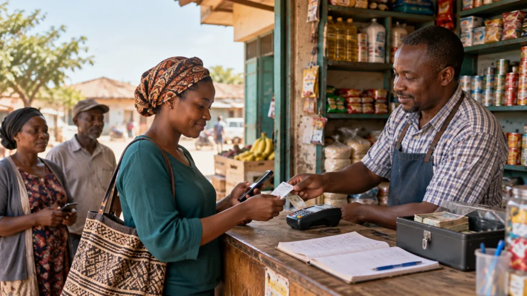 Customer holding a smartphone and cash at a small shop counter while a shopkeeper provides a receipt beside a card-payment terminal and ledger; other customers wait behind her.