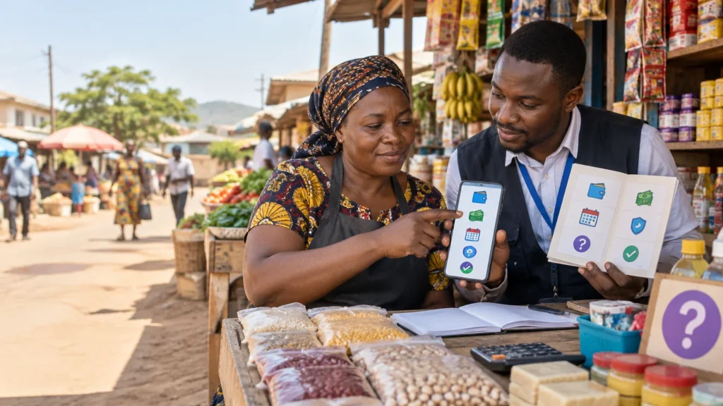 Market vendor points to a smartphone showing simple financial icons while a loan officer holds a booklet of matching pictograms beside her small shop.