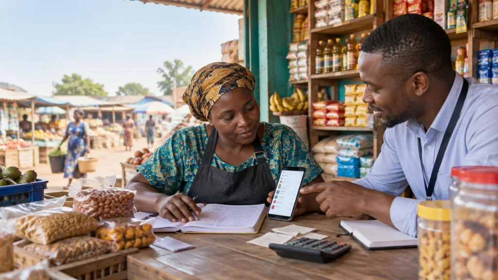 A market vendor and a man with an ID lanyard review a smartphone and handwritten sales ledger at a shop counter stocked with packaged goods and produce.