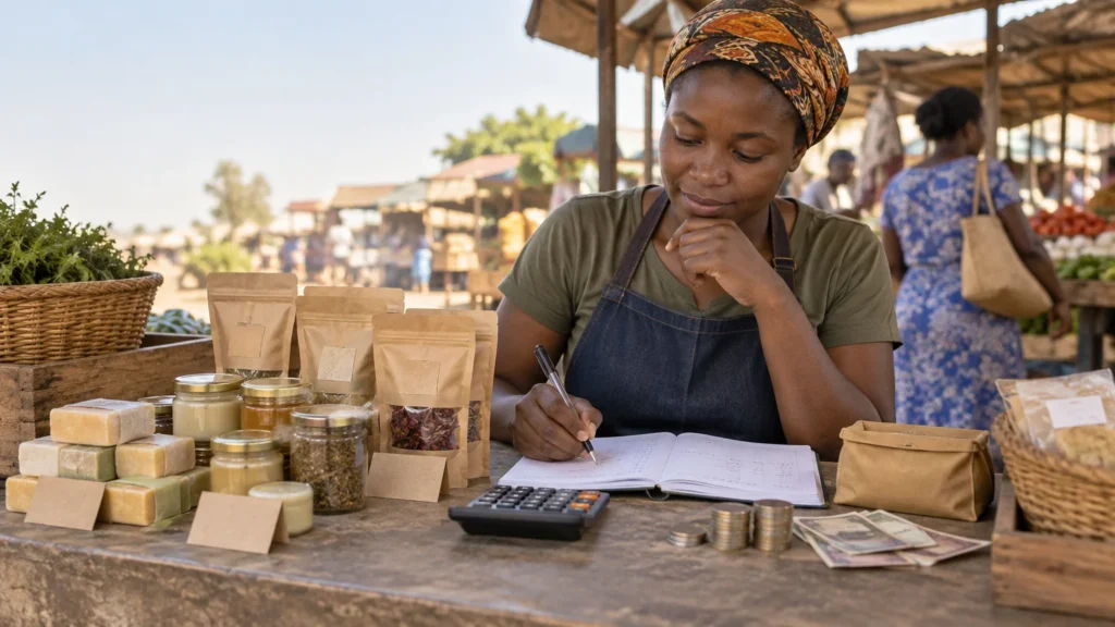 A market vendor writes in a notebook beside a calculator, coins, banknotes, packaged goods, jars, and soaps at an outdoor stall.