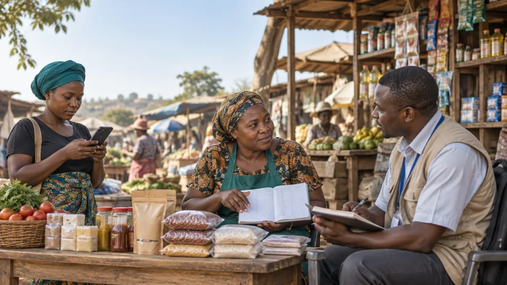 At an outdoor market stall, a woman vendor shows an open handwritten ledger to a seated man with a clipboard while another woman uses a smartphone beside a table of tomatoes, packaged grains, jars, and other goods.